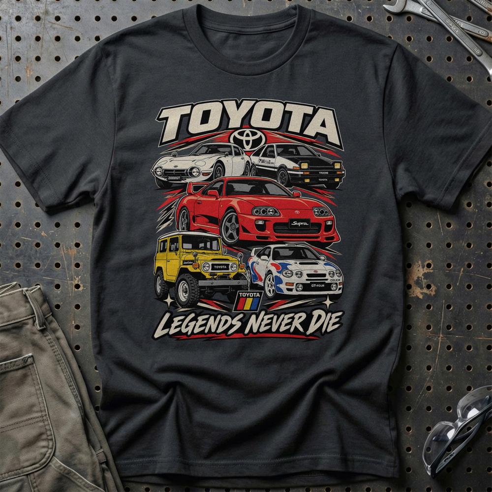 Toyota Legends Never Die T-Shirt-Beklædning-Toyota-Sort-S-Garage Culture Shop- garage - man cave - merchandise