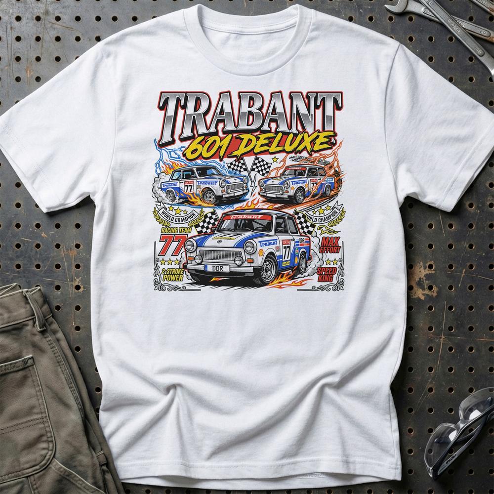 Trabant 601 Deluxe Two-Stroke T-Shirt-Beklædning-Trabant-Hvid-S-Garage Culture Shop- garage - man cave - merchandise