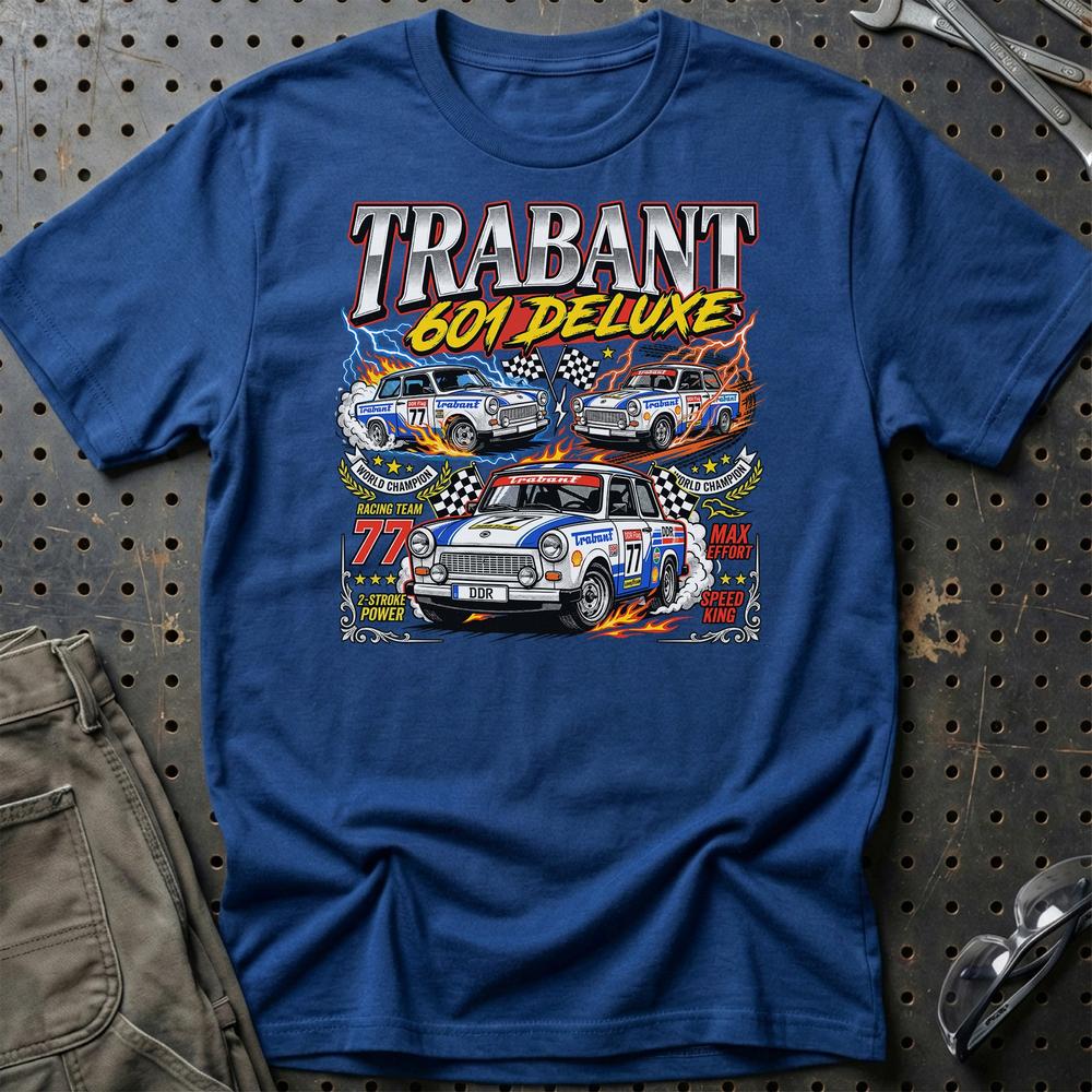 Trabant 601 Deluxe Two-Stroke T-Shirt-Beklædning-Trabant-Blå Royal-S-Garage Culture Shop- garage - man cave - merchandise