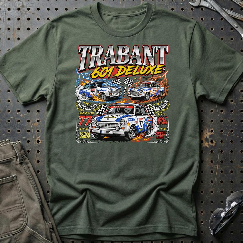 Trabant 601 Deluxe Two-Stroke T-Shirt-Beklædning-Trabant-Grøn Militær-S-Garage Culture Shop- garage - man cave - merchandise