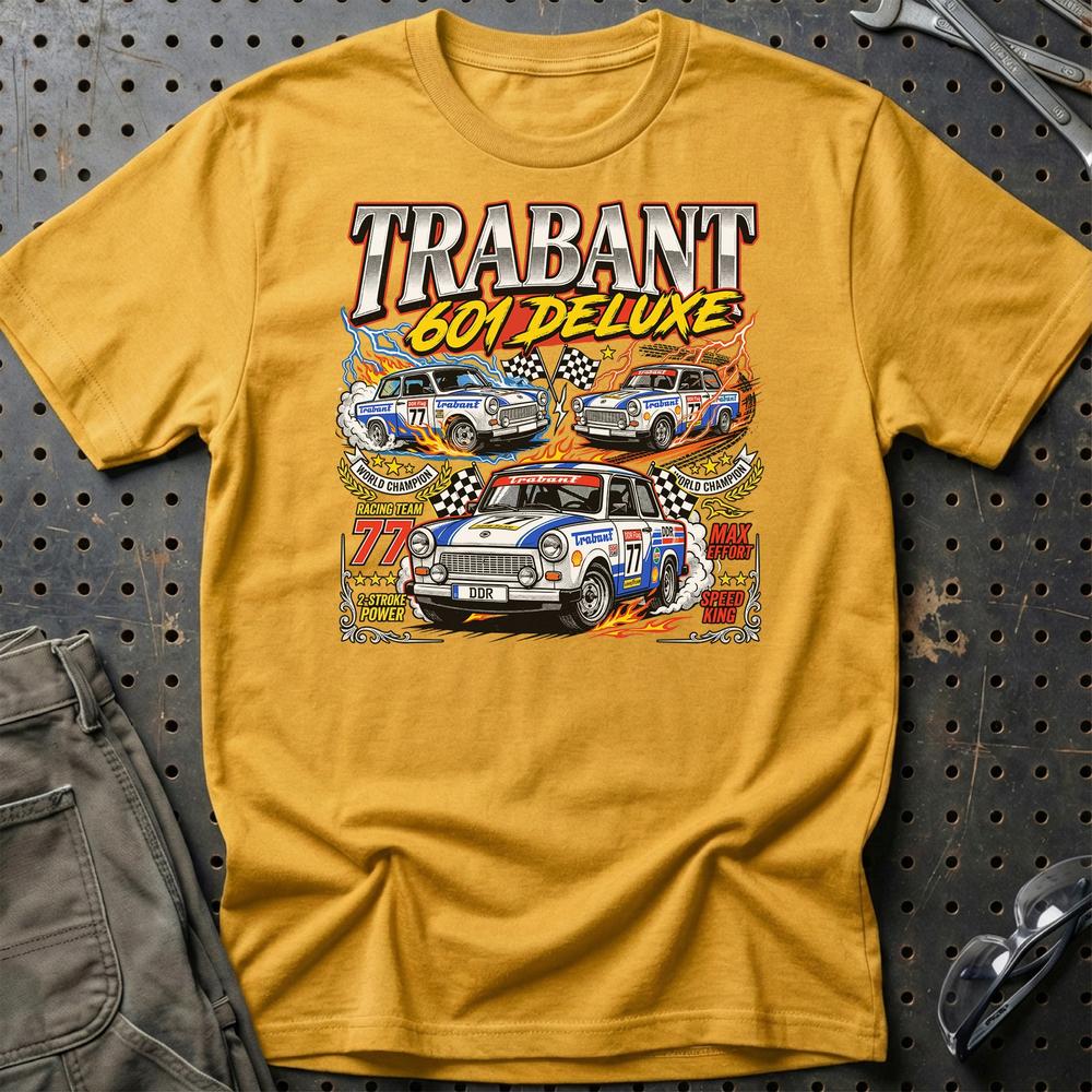Trabant 601 Deluxe Two-Stroke T-Shirt-Beklædning-Trabant-Guld-S-Garage Culture Shop- garage - man cave - merchandise