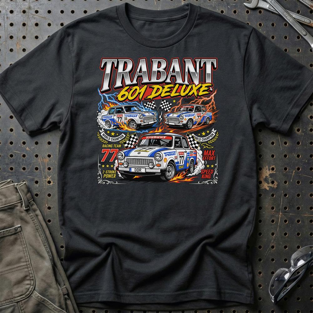 Trabant 601 Deluxe Two-Stroke T-Shirt-Beklædning-Trabant-Sort-S-Garage Culture Shop- garage - man cave - merchandise
