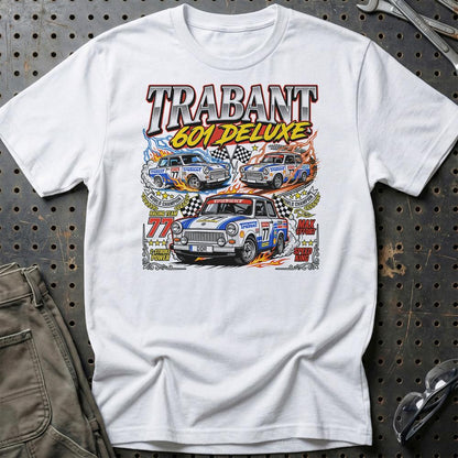 Trabant 601 Deluxe Two-Stroke - Unisex T-Shirt-Beklædning-Trabant-Hvid-S-Garage Culture Shop- garage - man cave - merchandise