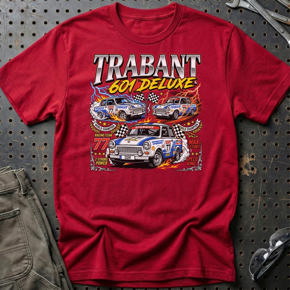 Trabant 601 Deluxe Two-Stroke - Unisex T-Shirt-Beklædning-Trabant-Rød-S-Garage Culture Shop- garage - man cave - merchandise