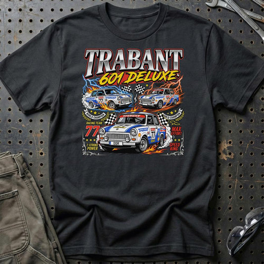 Trabant 601 Deluxe Two-Stroke - Unisex T-Shirt-Beklædning-Trabant-Sort-S-Garage Culture Shop- garage - man cave - merchandise