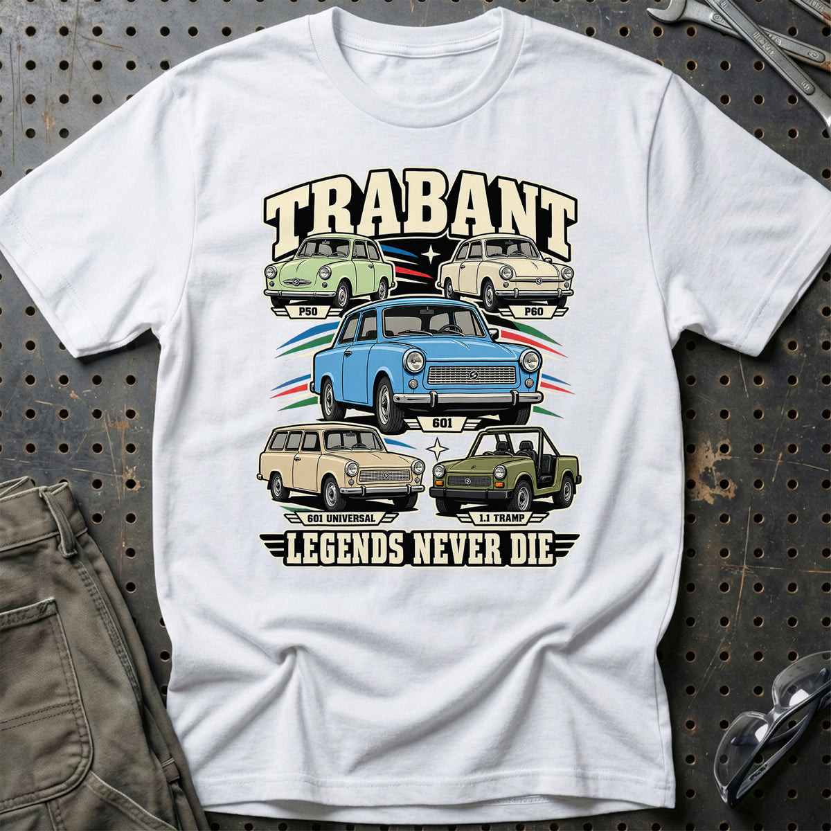 Trabant Legends Never Die T-Shirt-Beklædning-Trabant-Hvid-S-Garage Culture Shop- garage - man cave - merchandise