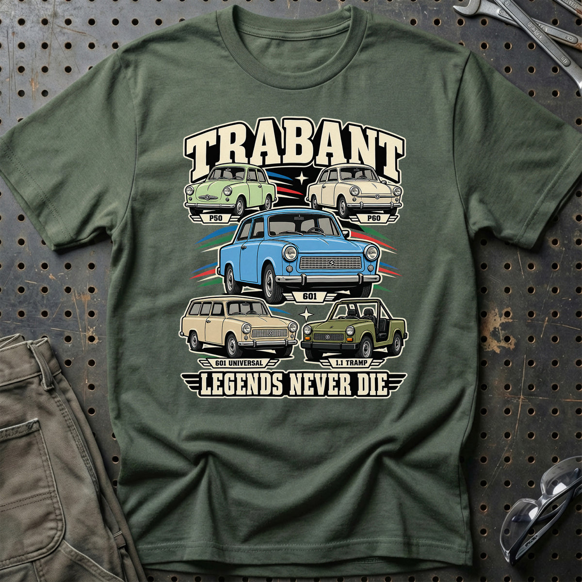 Trabant Legends Never Die T-Shirt-Beklædning-Trabant-Grøn Militær-S-Garage Culture Shop- garage - man cave - merchandise