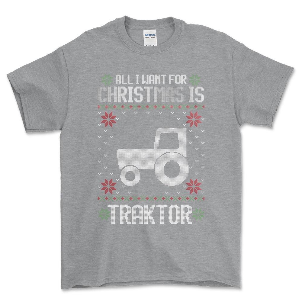 Traktor - All I Want For Christmas - Unisex T-Shirt , Bomuld-Beklædning-Traktor-Grå Sport-S-Forside-Garage Culture Shop- garage - man cave - merchandise