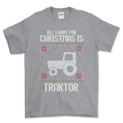Traktor - All I Want For Christmas - Unisex T-Shirt , Bomuld-Beklædning-Traktor-Grå Sport-S-Forside-Garage Culture Shop- garage - man cave - merchandise