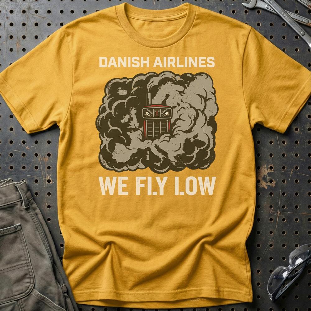 Traktortræk Danish Airlines We Fly Low T-Shirt-Beklædning-Garage Culture-Guld-S-Garage Culture Shop- garage - man cave - merchandise