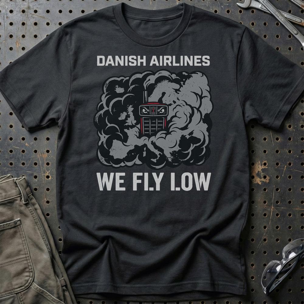 Traktortræk Danish Airlines We Fly Low T-Shirt-Beklædning-Garage Culture-Sort-S-Garage Culture Shop- garage - man cave - merchandise
