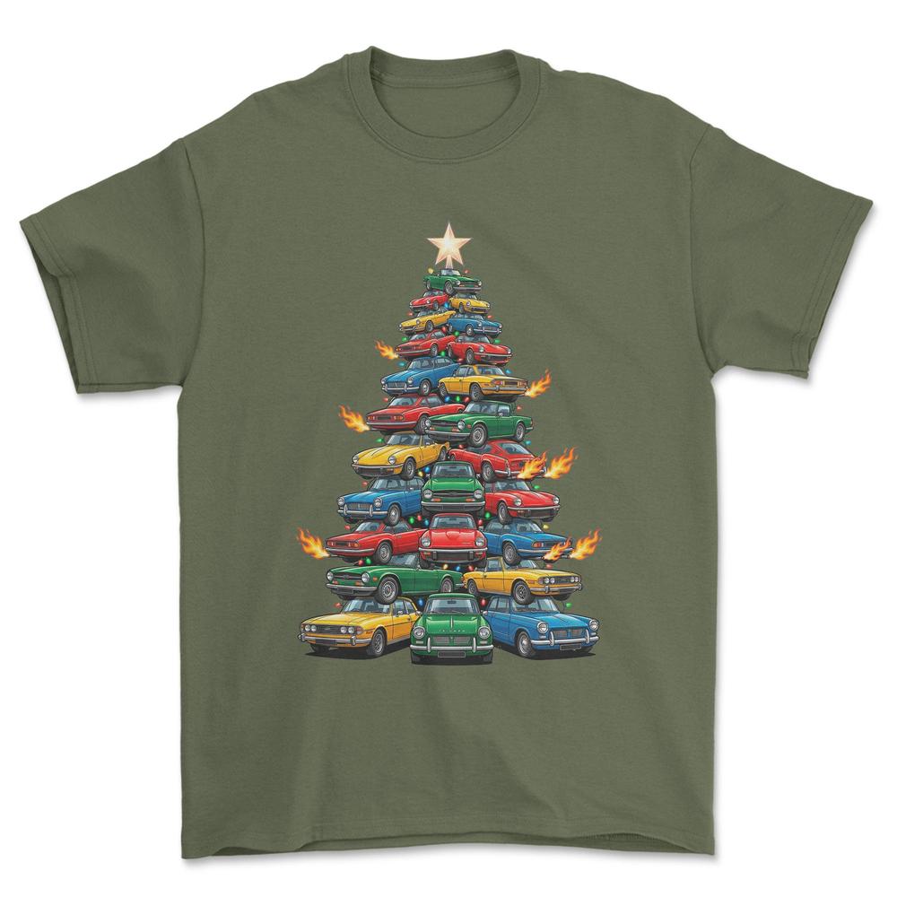 Triumph Juletræ Christmas Tree - Unisex T-Shirt-Beklædning-Triumph-Grøn Militær-S-Forside-Garage Culture Shop- garage - man cave - merchandise