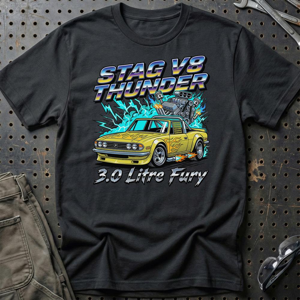 Triumph Stag V8 Thunder 3.0 Litre Fury T-Shirt-Beklædning-Triumph-Sort-S-Garage Culture Shop- garage - man cave - merchandise