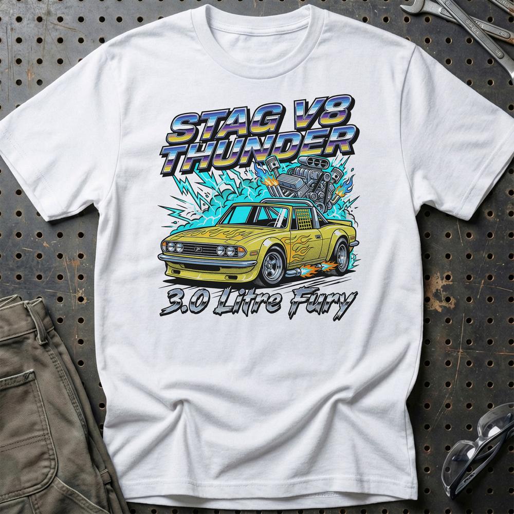 Triumph Stag V8 Thunder 3.0 Litre Fury - Unisex T-Shirt-Beklædning-Triumph-Hvid-S-Garage Culture Shop- garage - man cave - merchandise
