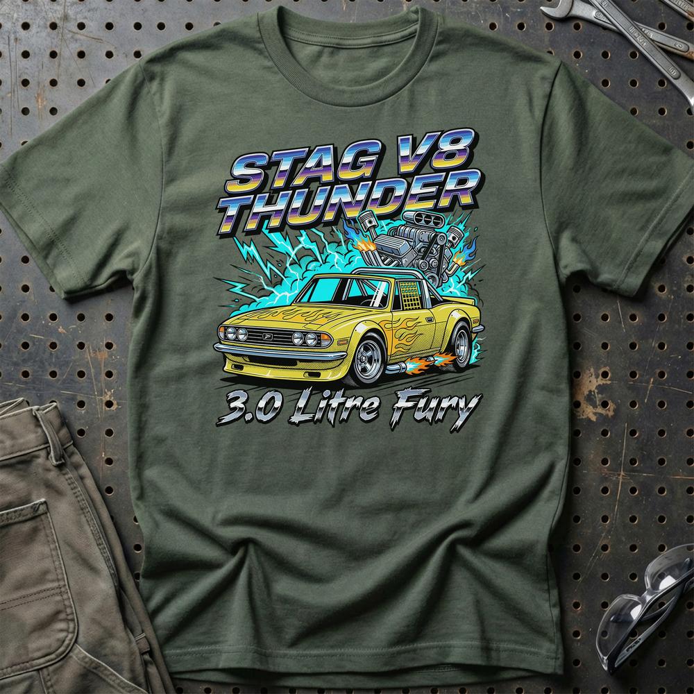 Triumph Stag V8 Thunder 3.0 Litre Fury - Unisex T-Shirt-Beklædning-Triumph-Grøn Militær-S-Garage Culture Shop- garage - man cave - merchandise