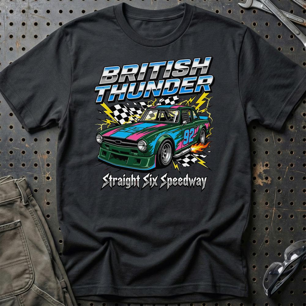 Triumph TR6 British Thunder Straight Six Speedway T-Shirt-Beklædning-Triumph-Sort-S-Garage Culture Shop- garage - man cave - merchandise