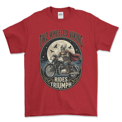 Triumph Two Wheeled Viking Rides Triumph - Unisex T-Shirt , Bomuld-Beklædning-Triumph-Rød-S-Forside-Garage Culture Shop- garage - man cave - merchandise
