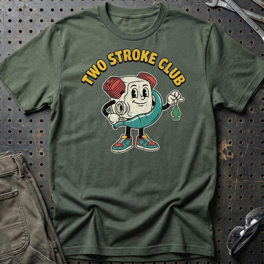 Two Stroke Club - Oldschool Mascot Engine T-Shirt-Beklædning-Garage Culture-Grøn Militær-S-Garage Culture Shop- garage - man cave - merchandise