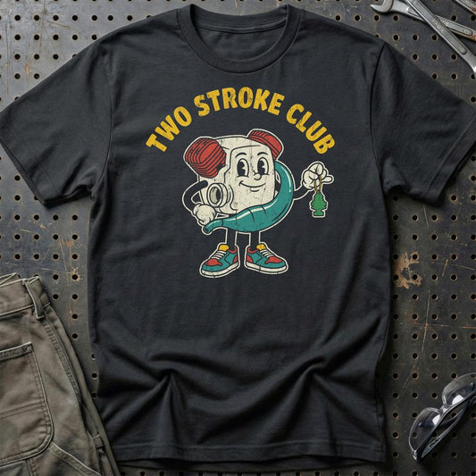 Two Stroke Club – Oldschool Mascot Engine - Unisex T-Shirt , Bomuld-Beklædning-Garage Culture-Sort-S-Garage Culture Shop- garage - man cave - merchandise