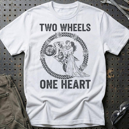 Two Wheels One Heart – Unisex T-Shirt , Bomuld-Beklædning-Garage Culture-Hvid-S-Garage Culture Shop- garage - man cave - merchandise