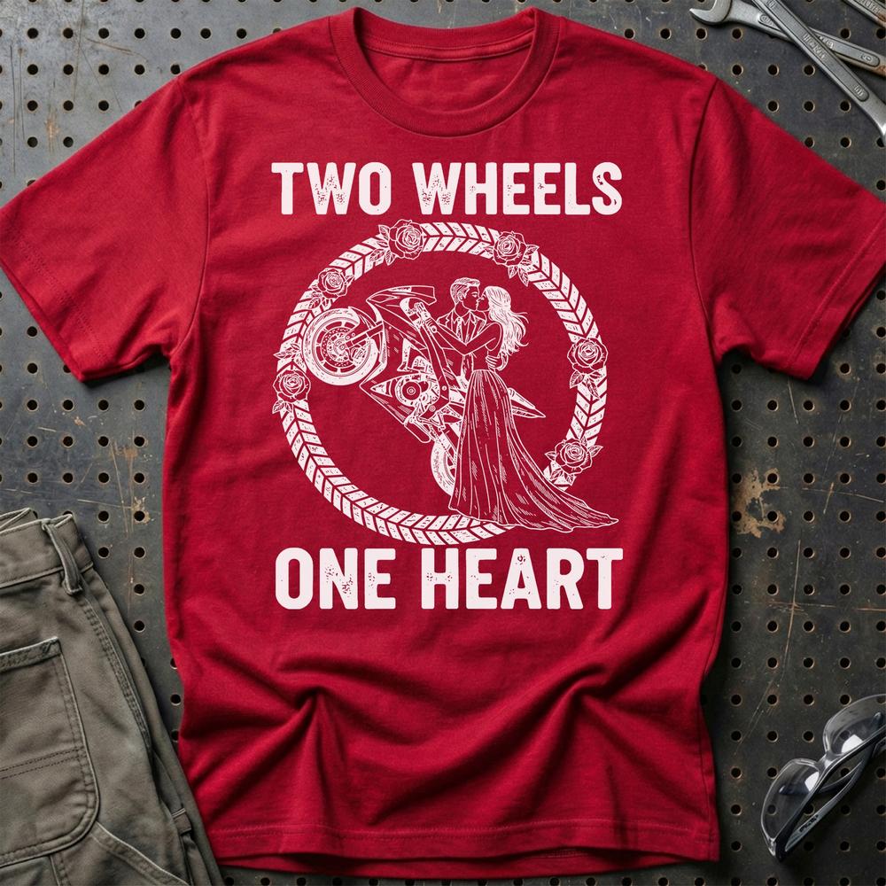 Two Wheels One Heart – Unisex T-Shirt , Bomuld-Beklædning-Garage Culture-Rød-S-Garage Culture Shop- garage - man cave - merchandise