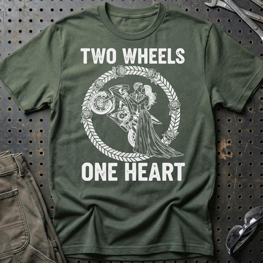 Two Wheels One Heart – Unisex T-Shirt , Bomuld-Beklædning-Garage Culture-Grøn Militær-S-Garage Culture Shop- garage - man cave - merchandise