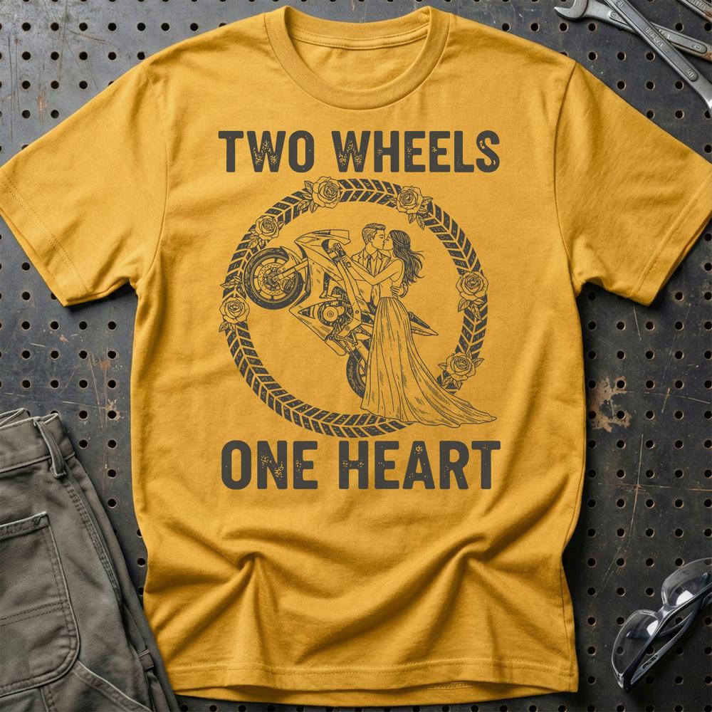 Two Wheels One Heart – Unisex T-Shirt , Bomuld-Beklædning-Garage Culture-Guld-S-Garage Culture Shop- garage - man cave - merchandise