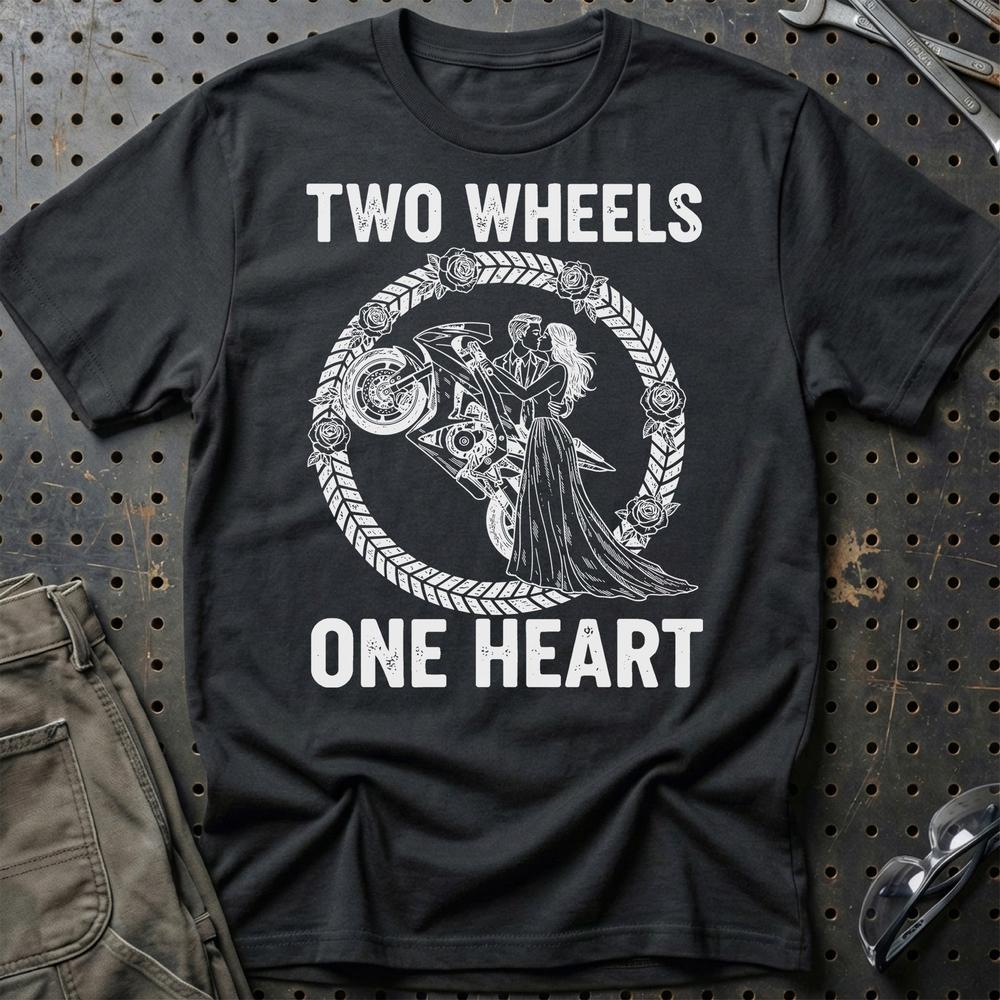 Two Wheels One Heart – Unisex T-Shirt , Bomuld-Beklædning-Garage Culture-Sort-S-Garage Culture Shop- garage - man cave - merchandise