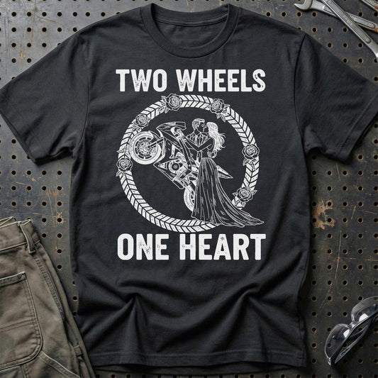 Two Wheels One Heart – Unisex T-Shirt , Bomuld-Beklædning-Garage Culture-Sort-S-Garage Culture Shop- garage - man cave - merchandise
