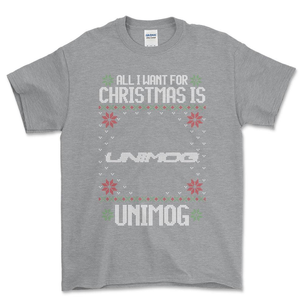 Unimog - All I Want For Christmas - Unisex T-Shirt , Bomuld-Beklædning-Unimog-Grå Sport-S-Forside-Garage Culture Shop- garage - man cave - merchandise