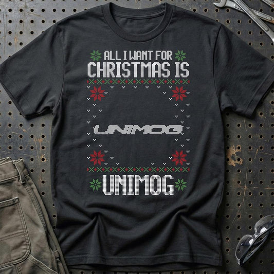 Unimog - All I Want For Christmas - Unisex T-Shirt , Bomuld-Beklædning-Unimog-Sort-S-Garage Culture Shop- garage - man cave - merchandise