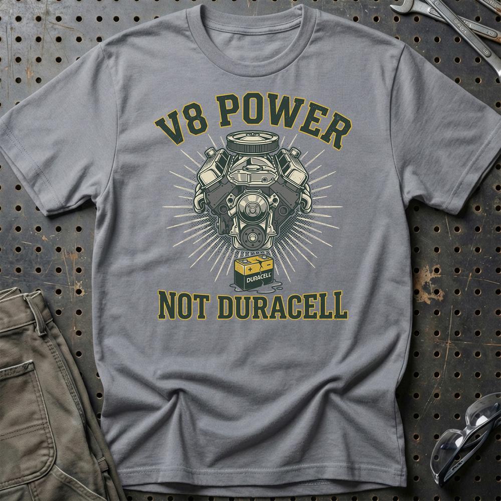 V8 Power Not Batteries T-Shirt-Beklædning-Garage Culture-Grå Sport-S-Garage Culture Shop- garage - man cave - merchandise