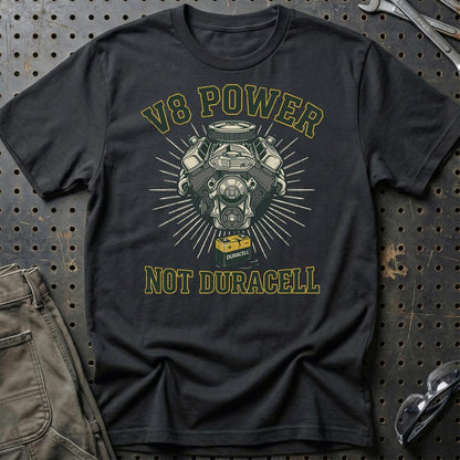 V8 Power Not Batteries - Unisex T-Shirt , Bomuld-Beklædning-Garage Culture-Sort-S-Garage Culture Shop- garage - man cave - merchandise