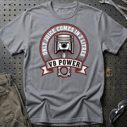 V8 Power – Only Juice Comes in 2 Litres Car Enthusiast - Unisex T-Shirt , Bomuld-Beklædning-Garage Culture-Grå Sport-S-Garage Culture Shop- garage - man cave - merchandise
