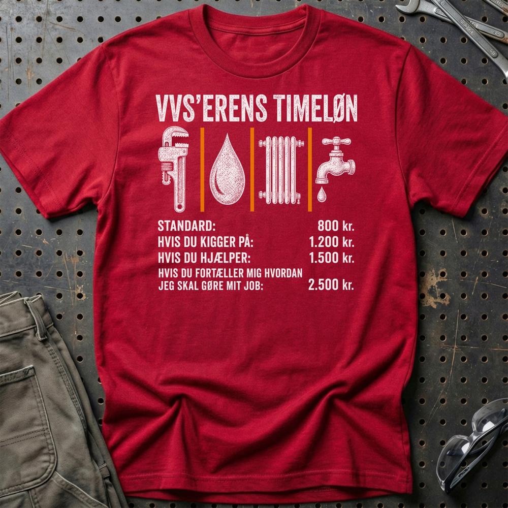 VVS'erens Timeløn - Unisex T-Shirt , Bomuld-Beklædning-Garage Culture-Rød-S-Garage Culture Shop- garage - man cave - merchandise