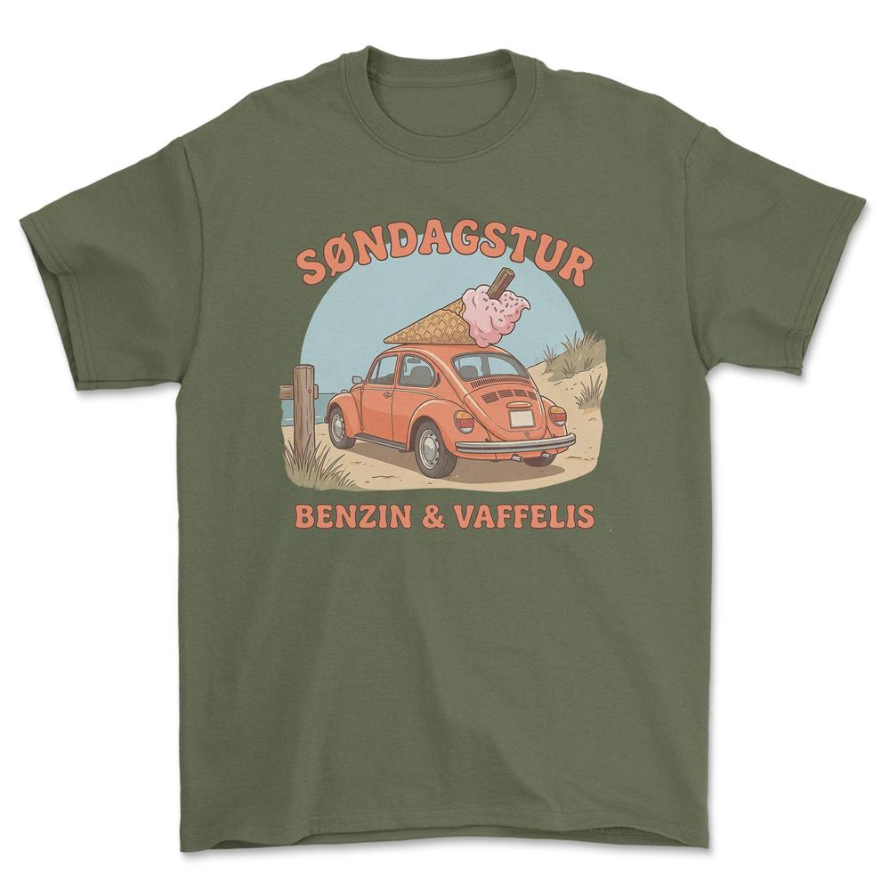 VW Søndagstur - Benzin & Vaffelis T-Shirt-Beklædning-VW-Grøn Militær-S-Garage Culture Shop- garage - man cave - merchandise
