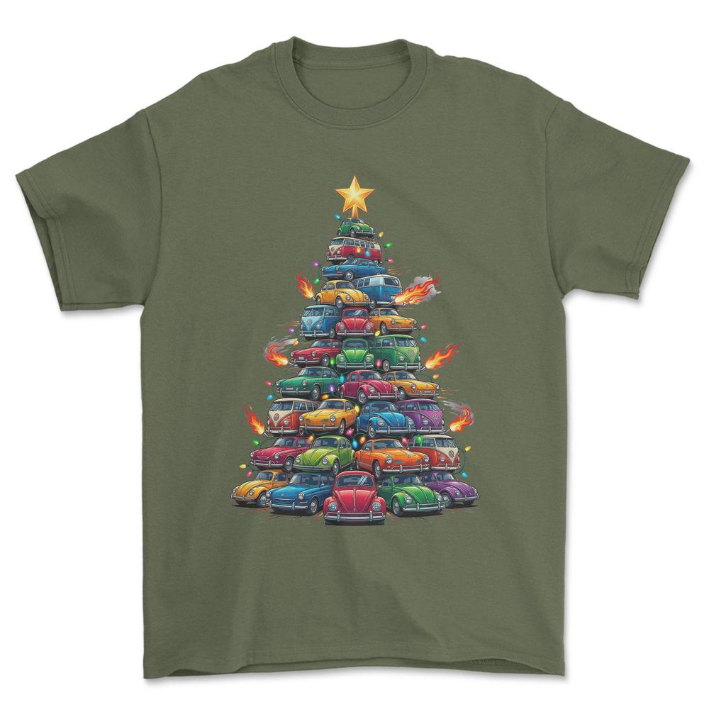 VW Volkswagen Aircooled Juletræ Christmas Tree - Unisex T-Shirt-Beklædning-VW-Grøn Militær-S-Forside-Garage Culture Shop- garage - man cave - merchandise
