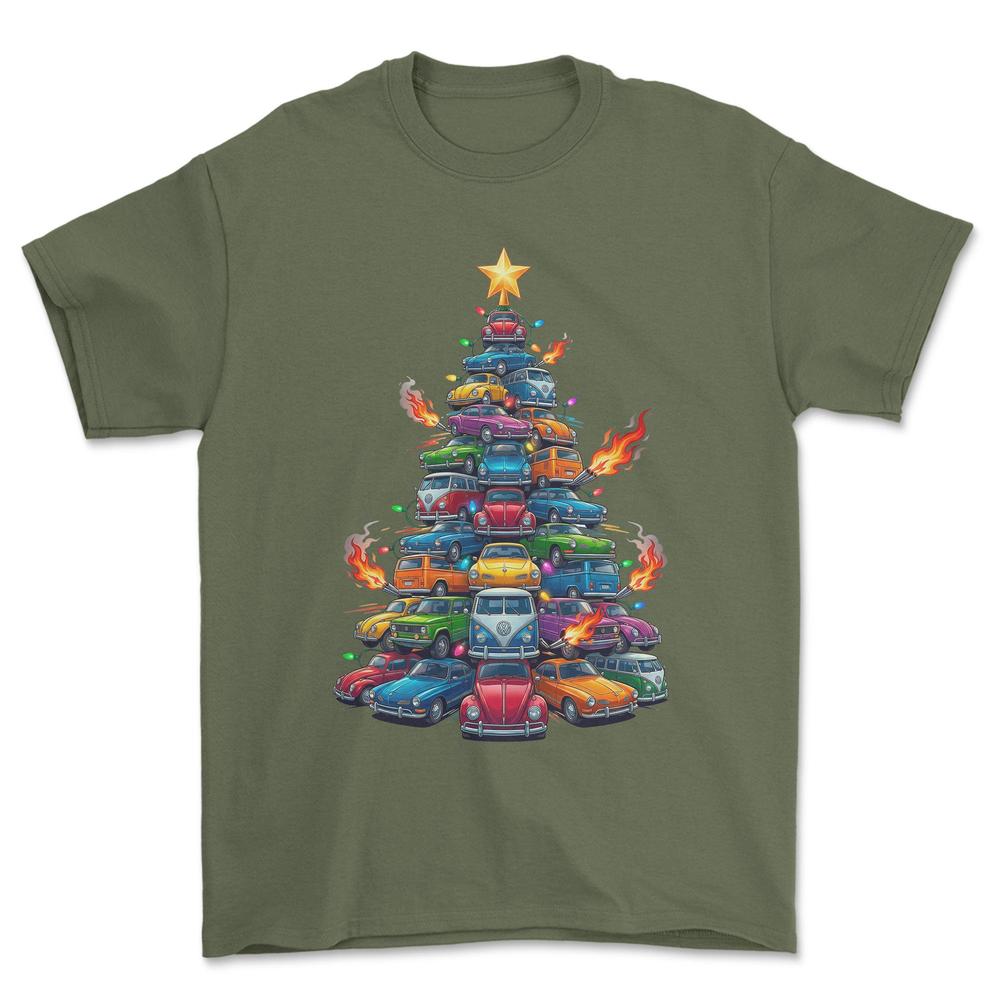 VW Volkswagen Juletræ Christmas Tree - Unisex T-Shirt-Beklædning-VW-Grøn Militær-S-Forside-Garage Culture Shop- garage - man cave - merchandise