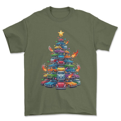 VW Volkswagen Juletræ Christmas Tree - Unisex T-Shirt-Beklædning-VW-Grøn Militær-S-Forside-Garage Culture Shop- garage - man cave - merchandise