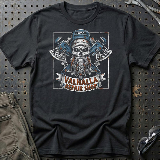 Valhalla Repair Shop - Unisex T-Shirt , Bomuld-Beklædning-Garage Culture-Sort-S-Garage Culture Shop- garage - man cave - merchandise