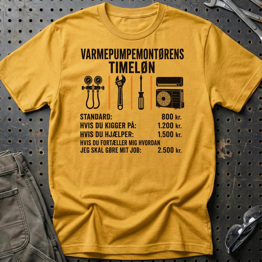 Varmepumpemontørens Timeløn - Unisex T-Shirt , Bomuld-Beklædning-Garage Culture-Guld-S-Garage Culture Shop- garage - man cave - merchandise