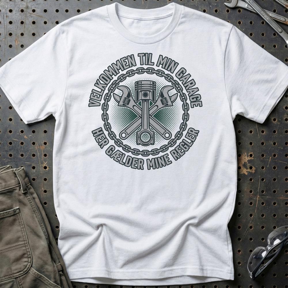 Velkommen Til Min Garage - Her Gælder Mine Regler T-Shirt-Beklædning-Garage Culture-Hvid-S-Garage Culture Shop- garage - man cave - merchandise