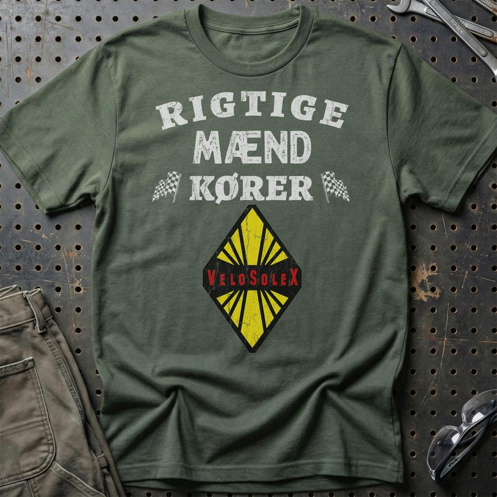 Velo Solex Rigtige Mænd Kører - Unisex T-Shirt , Bomuld-Beklædning-Velo Solex-Grøn Militær-S-Garage Culture Shop- garage - man cave - merchandise