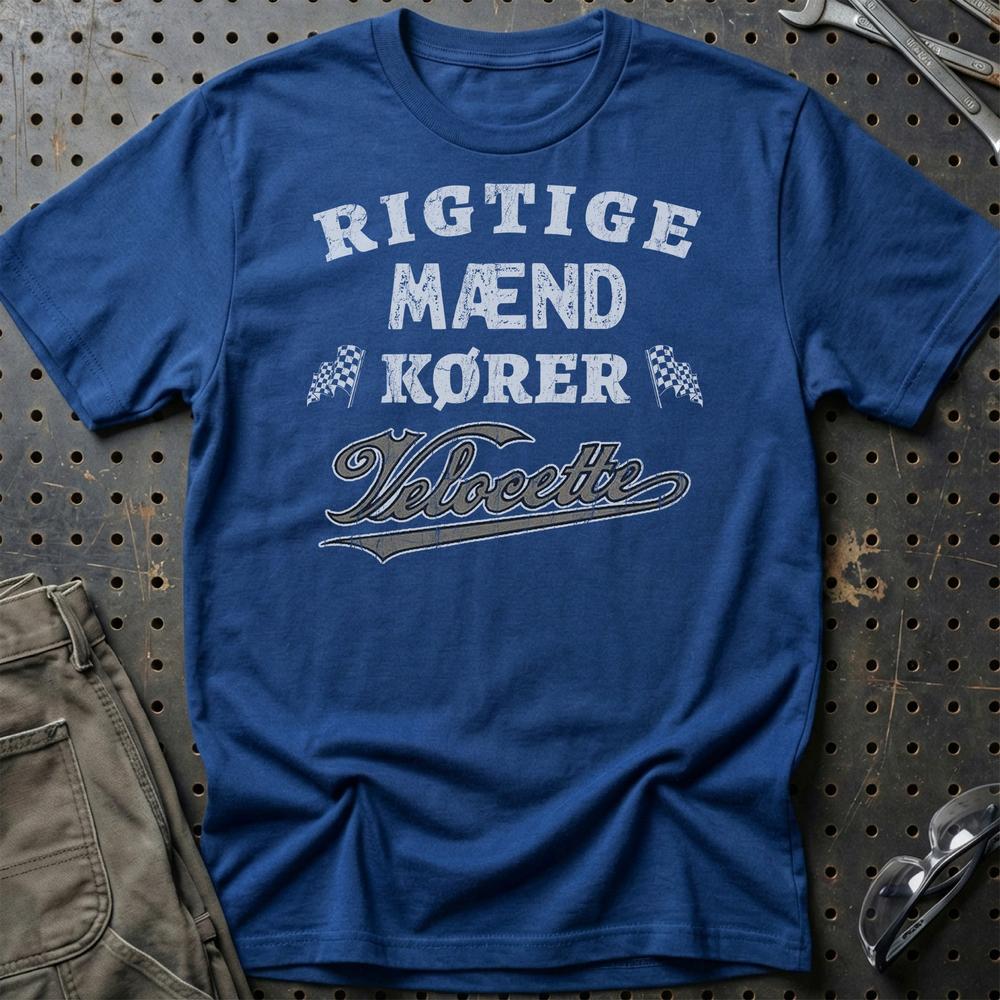 Veloccete Rigtige Mænd Kører T-Shirt-Beklædning-Velocette-Blå Royal-S-Garage Culture Shop- garage - man cave - merchandise