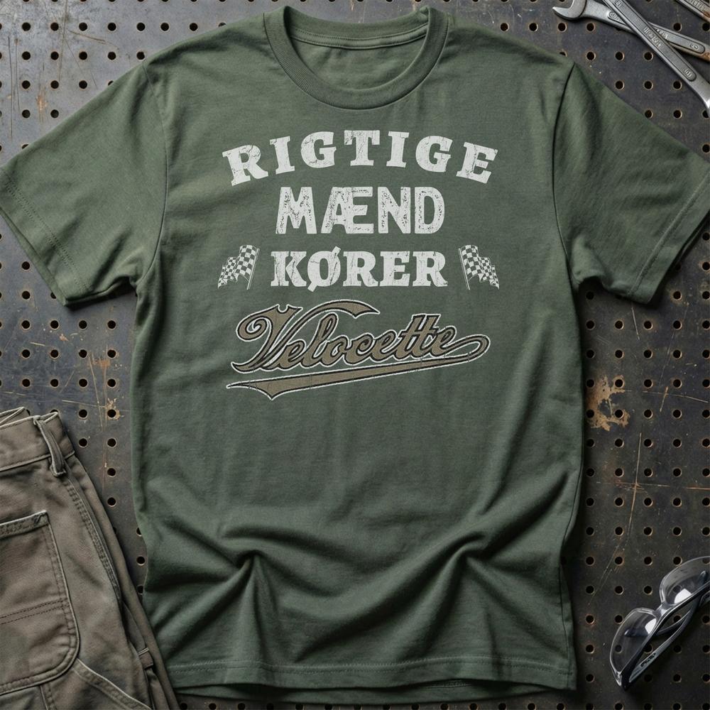 Veloccete Rigtige Mænd Kører T-Shirt-Beklædning-Velocette-Grøn Militær-S-Garage Culture Shop- garage - man cave - merchandise