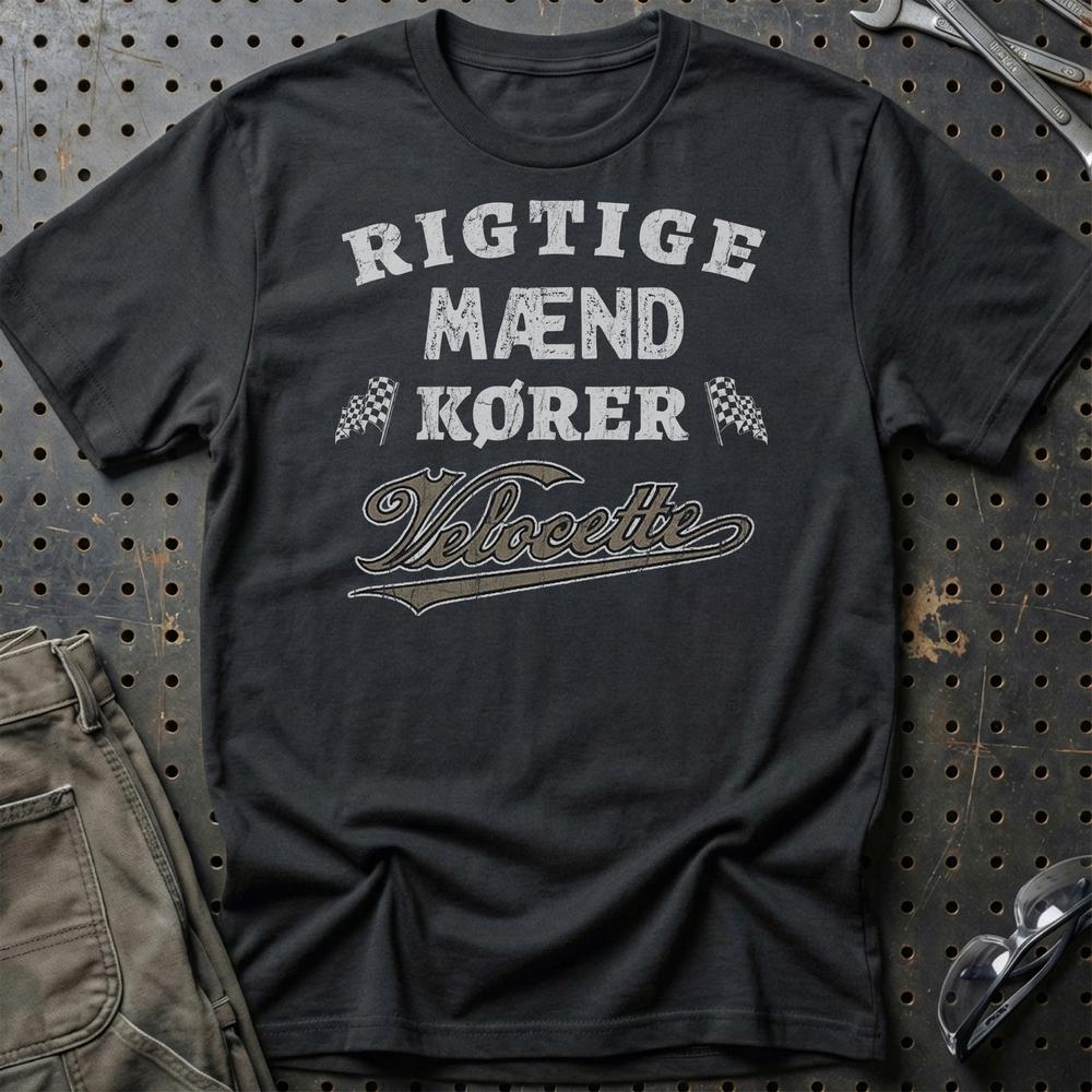 Veloccete Rigtige Mænd Kører T-Shirt-Beklædning-Velocette-Sort-S-Garage Culture Shop- garage - man cave - merchandise