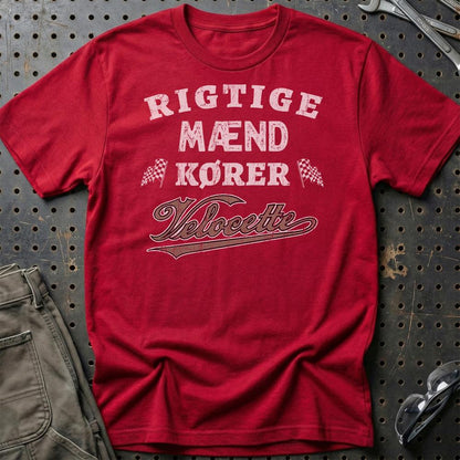 Veloccete Rigtige Mænd Kører - Unisex T-Shirt , Bomuld-Beklædning-Velocette-Rød-S-Garage Culture Shop- garage - man cave - merchandise