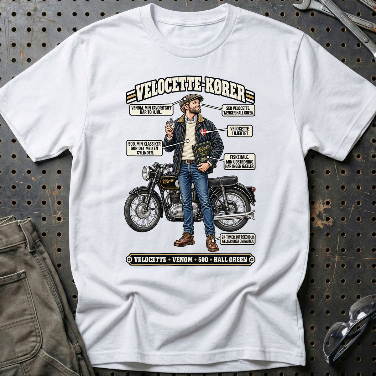 
Velocette-Kører T-Shirt – Hvid