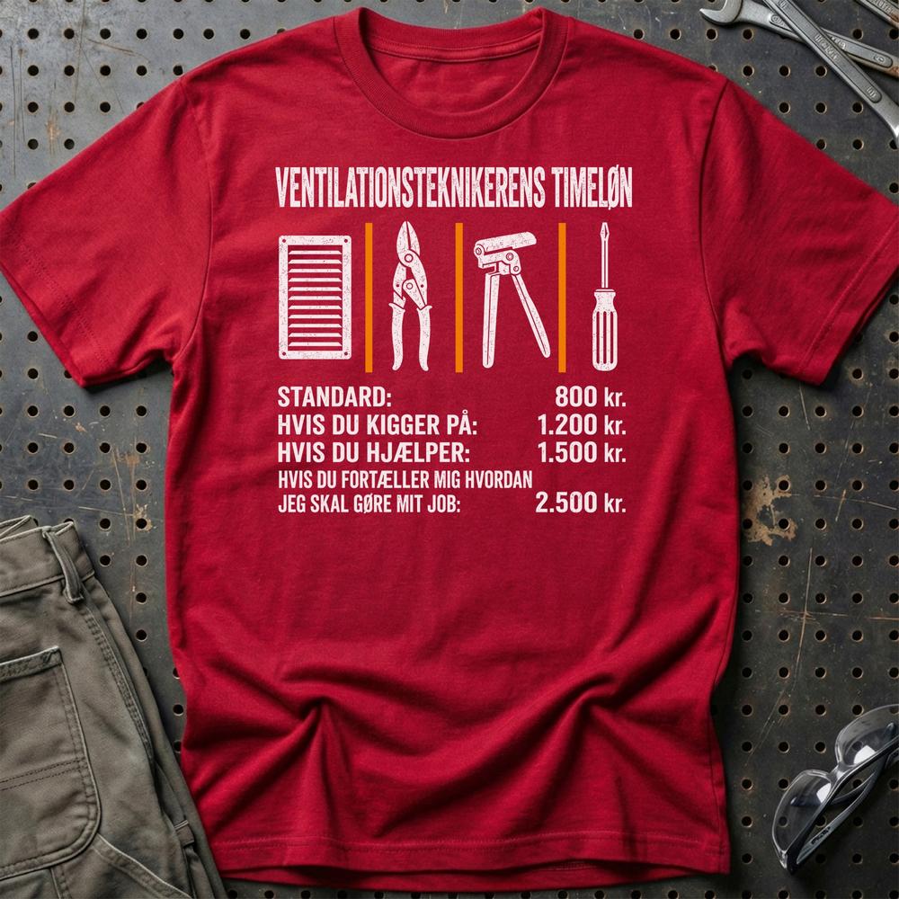 Ventilationsteknikerens Timeløn - Unisex T-Shirt , Bomuld-Beklædning-Garage Culture-Rød-S-Garage Culture Shop- garage - man cave - merchandise