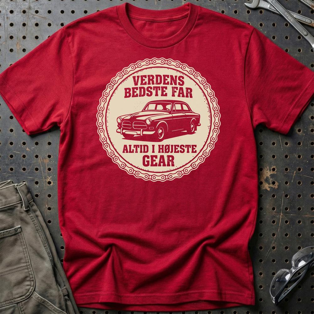 Verdens Bedste Far Altid I Højeste Gear T-Shirt-Beklædning-Garage Culture-Rød-S-Garage Culture Shop- garage - man cave - merchandise